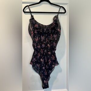 Vintage Saks Fifth Avenue Black Sheer Lingerie Floral Bodysuit Size Large